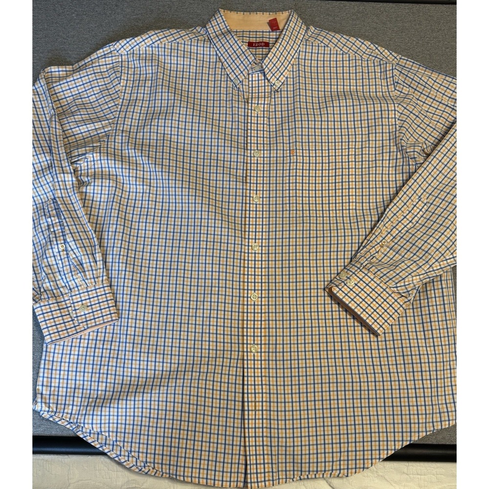Izod Men's Blue,Yellow,White Checked Button Down Dress‎ Shirt 2XL 100% Cotton